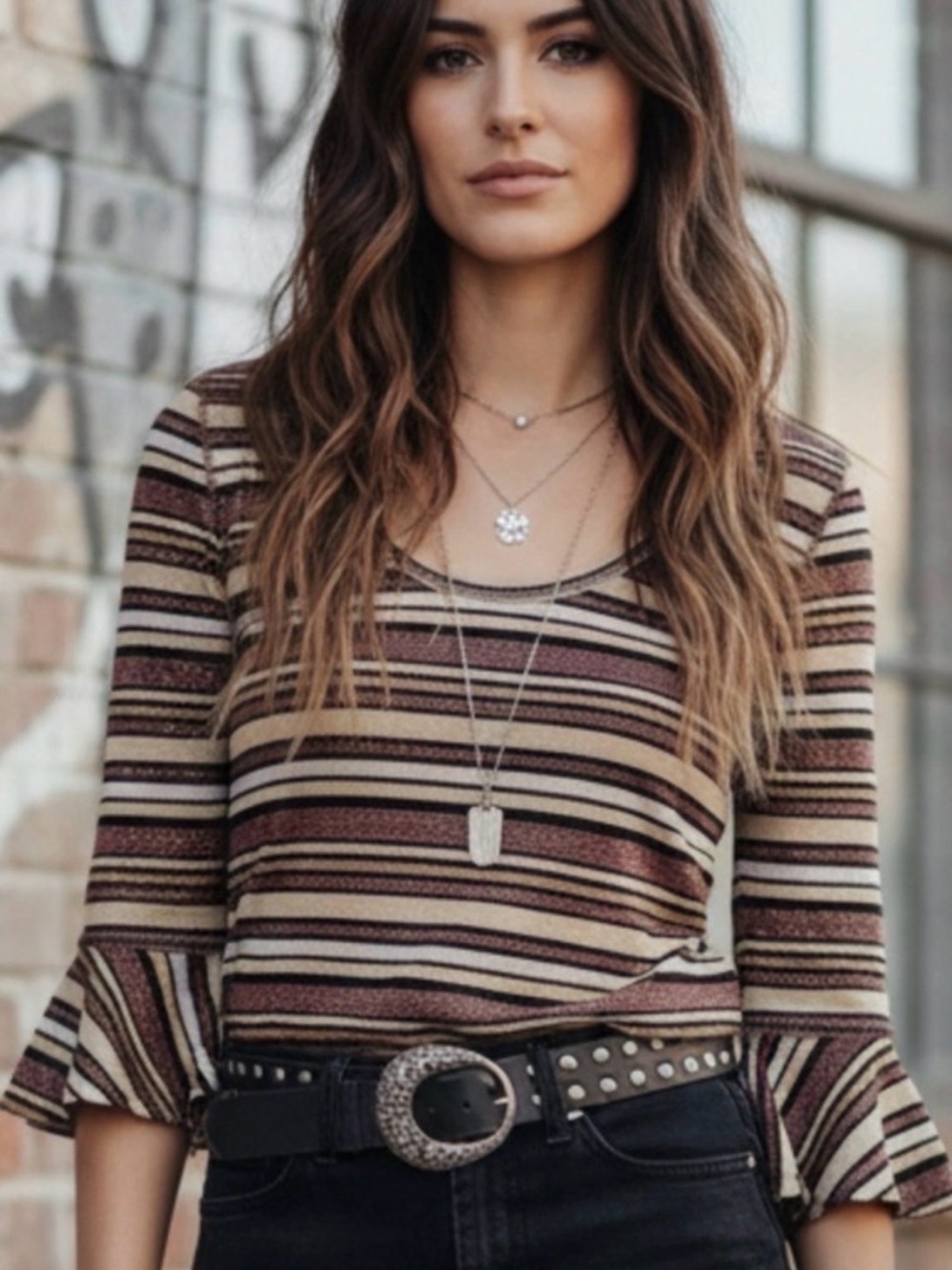 Free People Surprise Party Shirt XS Striped Pink Black Glitter Ribbed Ruffle Top